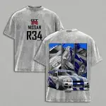 R34 Skyline JDM Graphic Shirt Japanese Supercar Streetwear Tee Retro Drift Culture Apparel Vintage Wash Racing Gear Urban Car Aesthetic Art