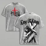 Jesus Is The Hero Graphic Shirt King Of Kings Christian Tee Sacred Heart Faith Streetwear Vintage Wash Grunge Gear Retro Gospel Art Apparel