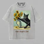 Van Gogh's Cat Sunflowers Oil Painting Tee, Black Cat Art Apparel, Grey Acid Wash